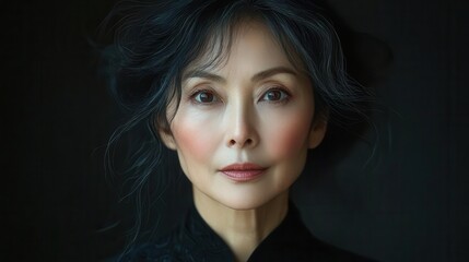 Naklejka premium portrait of a midaged asian woman radiating beauty and confidence soft lighting accentuates her features highlighting the elegance and grace inherent in her expression and demeanor