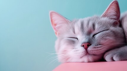 A serene gray cat is captured in a peaceful slumber on a soft pastel blue and pink background, embodying calmness and tenderness in its relaxed state.