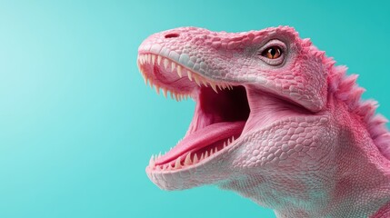This captivating image features a lifelike pink dinosaur with its mouth agape, showcasing realistic textures and detailed features, set against a solid blue background in a studio setting.