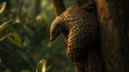 A Chinese pangolin climbing a tree in a forest, leaving room for copy space above.
