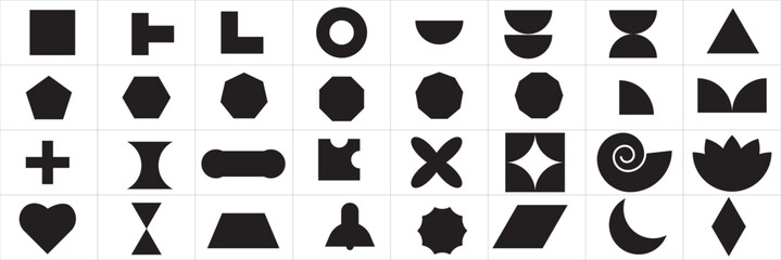 Abstract and vector basic shapes collection. Geometric formal shape. Trendy minimalist basic figure, circles, hexagon, star, triangle flat style. Vector illustration.