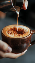 Barista pouring frothy milk into a cup of coffee with latte art