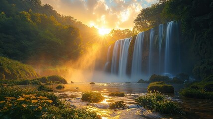 Majestic Waterfall at Sunset with Golden Rays