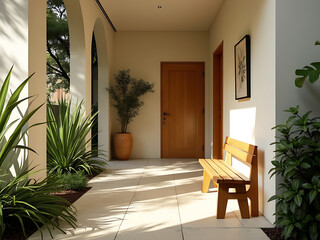 A sunlit outdoor walkway with a wooden bench, potted plants, and a glimpse of a wooden door. The warm light creates a welcoming and serene atmosphere.