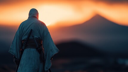 A lone samurai stands with two swords, looking towards a distant mountain as the sun sets, evoking themes of solitude, strength, and reflection in a serene landscape.