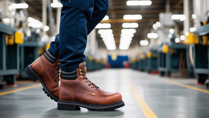 Fototapeta premium Close-up photos of Factory workers wearing safety shoes of brown color