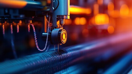 Close-up of advanced industrial machinery with intricate parts operating in a futuristic factory setting, highlighting innovation and technology.