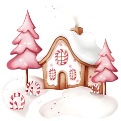 Festive gingerbread cottage covered in icing snow, pink candy trees and soft snowfall, magical Christmas wonderland