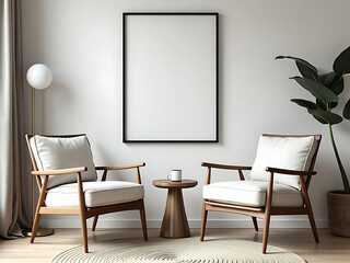 A bright and airy living room corner with two cozy armchairs facing a blank picture frame, ideal for showcasing artwork or prints.