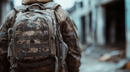 A close-up of a military backpack worn by a soldier in a deserted conflict zone, highlighting the essentials carried during missions and the harsh conditions faced.