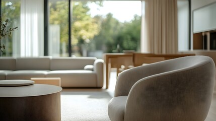 Beautifully designed minimalist open plan living space with neutral color palette minimal furniture and abundant natural light flooding through large windows creating a calm and inviting atmosphere