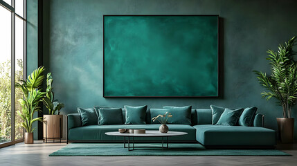 Modern Living Room Interior Design with Green Sofa and Artwork