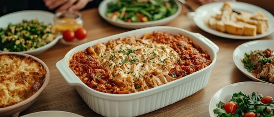 Delicious spread of home-cooked meals featuring a baked pasta dish, fresh salads, and bread, perfect for gathering with family and friends.