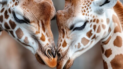Obraz premium Two giraffes share an intimate moment by touching heads, depicting a tender and loving gesture amidst their natural habitat, symbolizing affection and harmony in nature.
