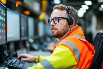 Focused male operator wearing a safety vest and headset, monitoring multiple computer screens in a busy control room.