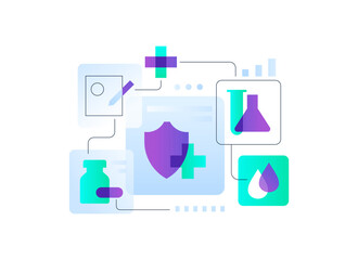 Medicine and science - flat design style illustration on white background. Healthcare system, laboratory tests, pills and vitamins, medical record, doctor appointment. Treatment, therapy and clinic