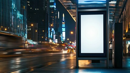 Blank vertical digital billboard mockup at a bus stop, surrounded by the lights of a busy city street at night, with skyscrapers and blurred pedestrians in the background, ideal for marketing visuals.