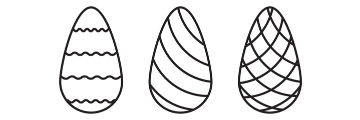 Easter eggs set. Spring linear egg icons with different pattern decoration. Doodle style Easter illustration pack for card, invitation, print, sticker, banner, poster. Vector black.