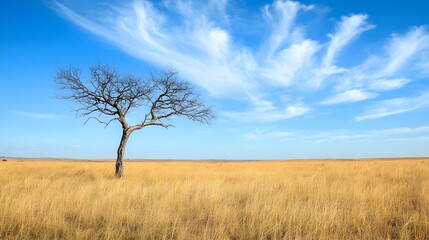 Solitary dry tree standing tall in a vast grassy field with its bare branches reaching towards the bright blue sky surrounded by golden grass swaying gently in the breeze