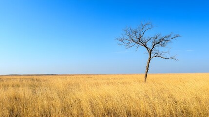 Obraz premium Photograph of a lone bare branched tree standing tall and proud in the middle of a vast windswept grassy field its silhouette reaching towards the bright blue sky overhead
