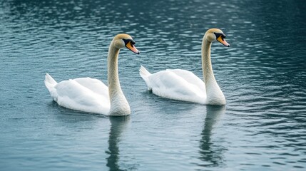 Obraz premium A pair of swans swimming in a Korean lake, leaving room for copy space in the water.