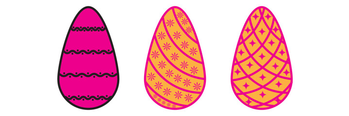 Easter eggs set. Spring linear egg icons with different pattern decoration. Doodle style Easter illustration pack for card, invitation, print, sticker, banner, poster. Vector black.
