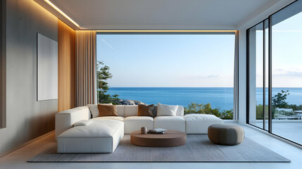 Modern Living Room with Ocean View 3D Illustration