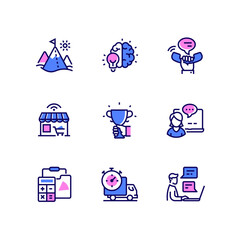 Business and finance - line design style icons set. Quality collection with mission, creative process, contact, online shopping, award, training, delivery and consulting. Goal achievement and workflow