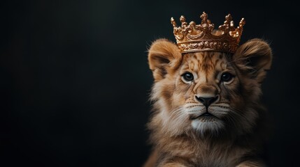 Fototapeta premium An adorable lion cub focuses forward while donning a golden crown, juxtaposed against a dark background, representing majesty, innocence, and dream-like quality.