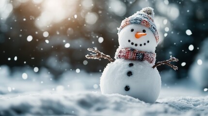 A happy snowman with a carrot nose and button eyes, dressed in a knitted hat and scarf, standing proudly as snow falls gently against a beautifully blurred winter background.