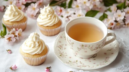 Fototapeta premium A cup of tea and some cupcakes, decorated with pretty, light-colored spring flowers.