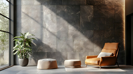 Modern Living Room Interior with Stone Wall and Leather Armchair 3D Illustration