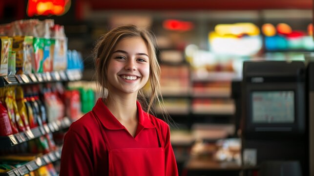 A smiling young employee in a red uniform stands in a vibrant store aisle filled with snacks and drinks.