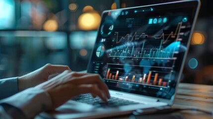 Digital Advertising Analytics and Video ADS Campaigns. Person using laptop analyzing digital ad performance metrics and campaign data. Digital marketing online, Content creation, Customer engagement