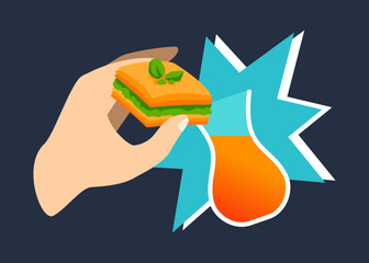 Baklava and tea - modern colored vector illustration with traditional oriental sweet made from dough and a hot drink from leaves. National food, traditions and customs of hospitable Turkey idea