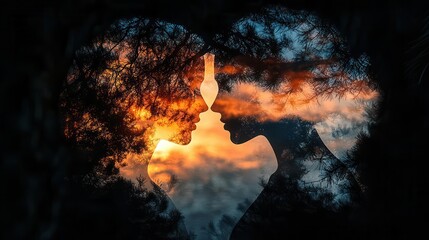silhouette of a loving couple against a breathtaking sunset their forms intertwined encapsulating the essence of romance and connection in a stunning natural backdrop