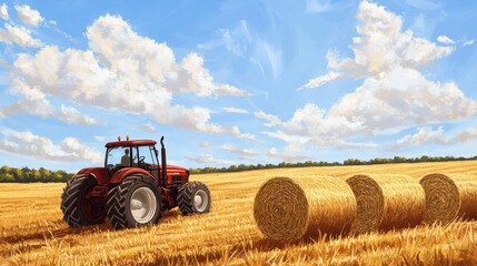 Obraz premium A farmer drives a tractor in a field, making straw bales. The harvested field is filled with bales, and the sky above is dotted with white clouds.