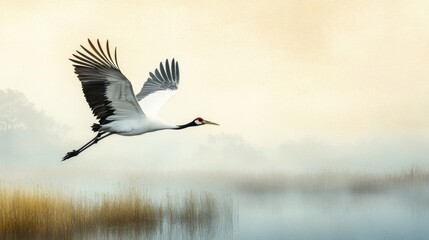 Fototapeta premium A red-crowned crane taking flight over a wetland, leaving room for copy space in the sky.