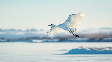 Fototapeta premium A Siberian crane flying over a frozen lake, with ample copy space in the sky.