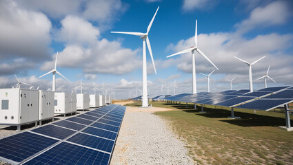 Concept of energy storage batteries system, wind power, wind turbines, green energy concept