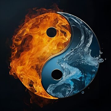 Yin yang symbol with fire and water elements creating dynamic balance and harmony
