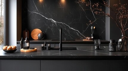 sleek black marble kitchen countertop highlighted against a light gray wall showcasing a chic presentation for cosmetics or food with elegant simplicity