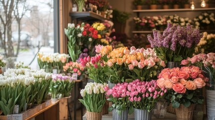 A flower shop is filled with a beautiful selection of blooms, including lilacs, roses, narcissus, hyacinths, ranunculus, tulips, bush roses, chrysanthemums, eucalyptus, anemones, and peonies.