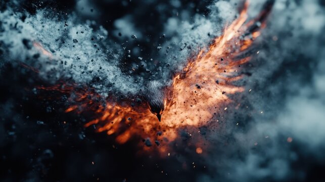 A phoenix emerges from dark, smoky clouds with fiery wings ablaze, embodying regeneration, hope, and an unrelenting spirit amid the chaos of the ashes surrounding it.