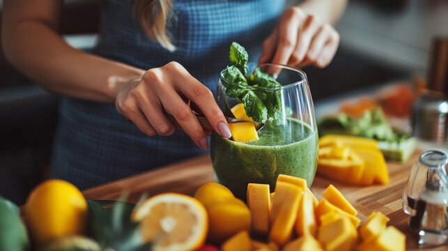 A fit woman chopping fruit for a nutritious smoothie to prepare at home for an organic diet. Close-up of hands of a Caucasian woman in the kitchen, slicing fresh produce for a health drink.