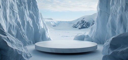 Mysterious glacial valley with a central frozen platform, surrounded by towering ice walls, cold and ethereal arctic atmosphere