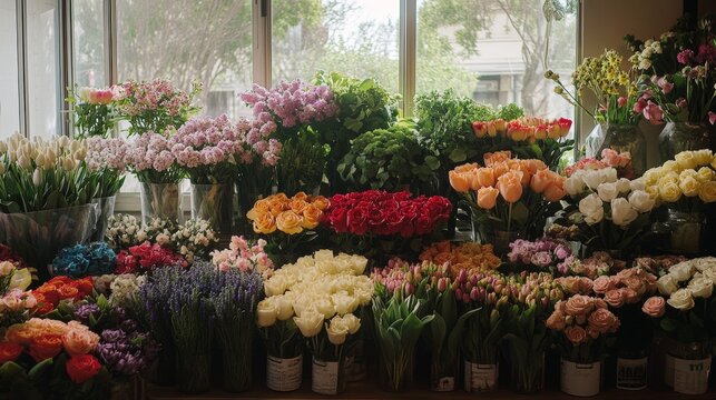 A flower shop is filled with a beautiful selection of blooms, including lilacs, roses, narcissus, hyacinths, ranunculus, tulips, bush roses, chrysanthemums, eucalyptus, anemones, and peonies.