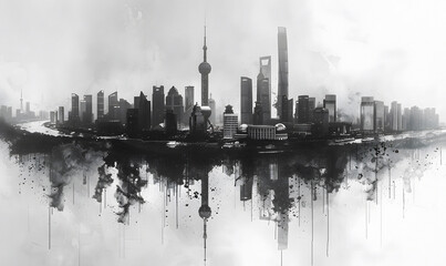 Fototapeta premium Guangzhou Skyline Meets Ancient Chinese Brush