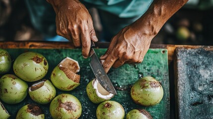 Top view of a man chopping fresh coconut with a knife for a drink against a backdrop of green coconuts. Young, fresh coconuts are a tropical fruit found in Thailand.