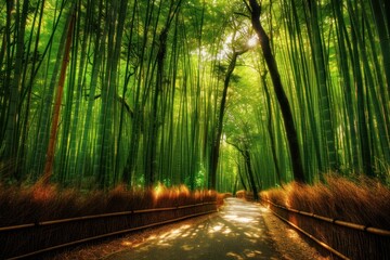 Path winding through a bamboo forest, Japan, sunlight dappling the ground, serene and peaceful 